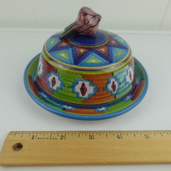 Mexican Colorful Pottery Art Covered Butter Cheese Dish Signed By The Artist - Picture 12 of 12